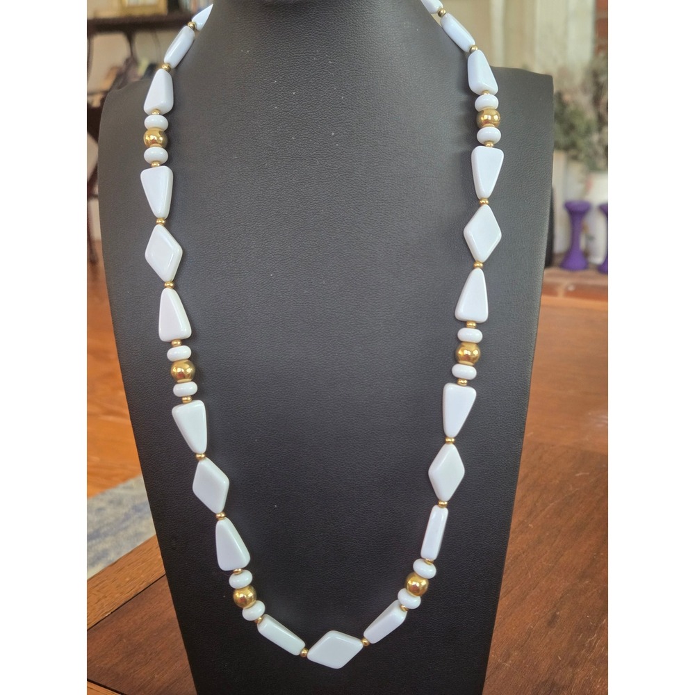 Trifari White Lucite Goldtone Beaded Necklace Vintage